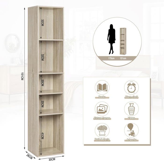 Étagère à Livres, Bibliothèque à 5 Niveaux, Colonne Semi-Ouvert avec 5 Casiers Ouverts, Meuble de Rangement Multifonctionnel, Salon,