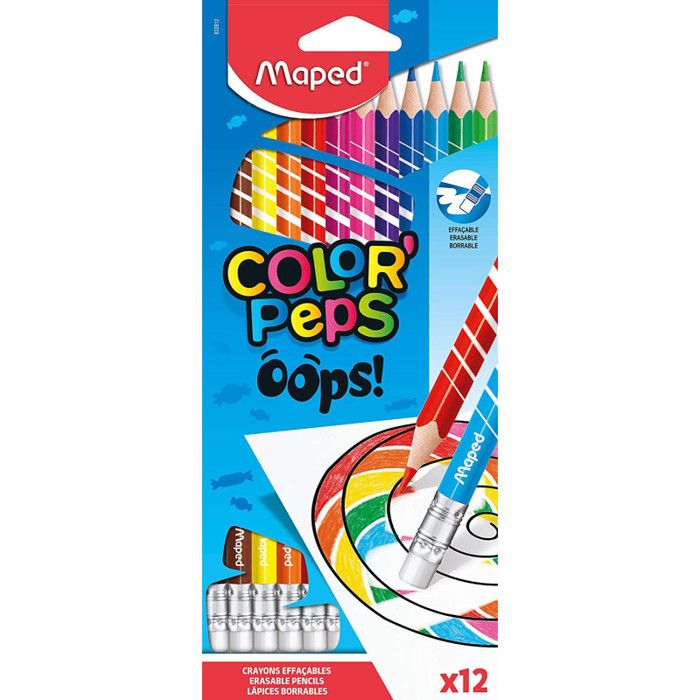 Crayons de couleur effaçables - Maped - OOPS COLOR'PEPS - Lot de 12 - Multicolore - Mixte