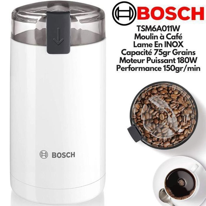 Bosch TSM6A011W Moulin à café et épices En INOX, Moteur Très Puissant 180W, Lames inox Pour Mouture Parfaite, Capacité 75 Grs