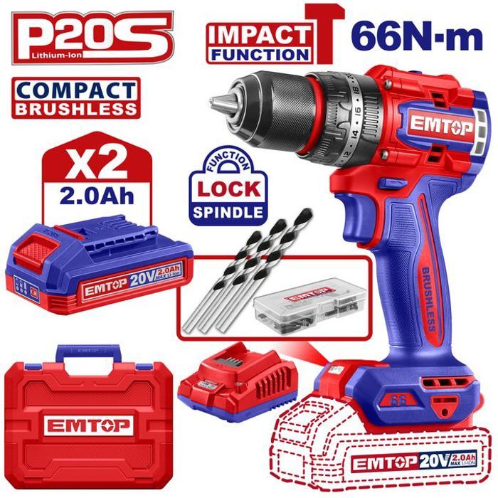 Perceuse à percussion sans fil 20V 66Nm + 2 Batteries 2.0Ah