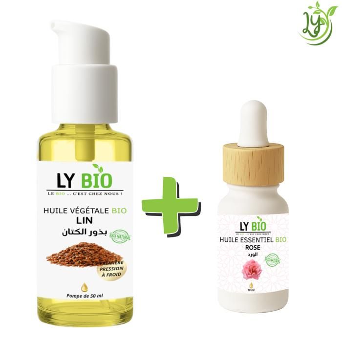 Pack d'huiles - LYBIO - Huile de lin 50ml - Huile essentielle rose 10ml - Hydratant - Mixte