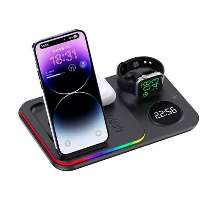 chargeur sans fil 5 en 1, réveil lumineux RGB station de charge rapide 30W pour iWatch