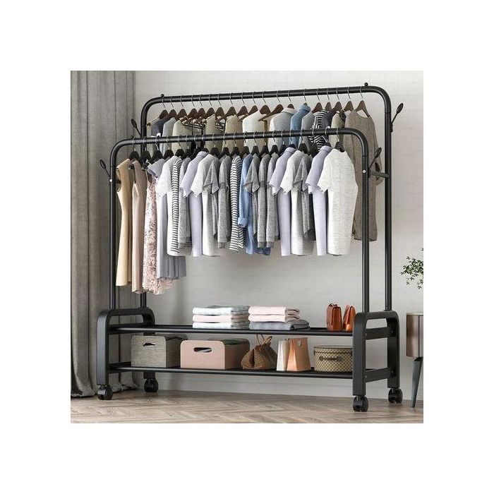 Porte-manteaux - Penderie - Double Barre - 48 KG - 2 Étagères - 4 Porte-Chapeaux - Noir