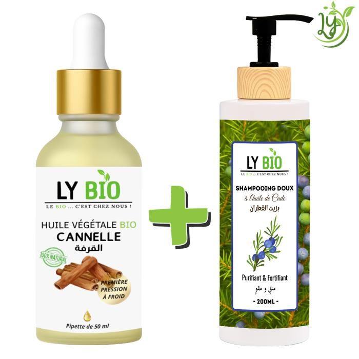 Pack de soins - LYBIO - Huile de cannelle 50ml - Shampooing à l'huile de cade 200ml - Purifiant & Fortifiant