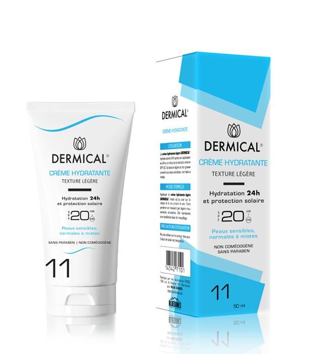 Crème Hydratante - DERMICAL - SPF20 - 50ml - Non Grasse - Tous Types de Peau