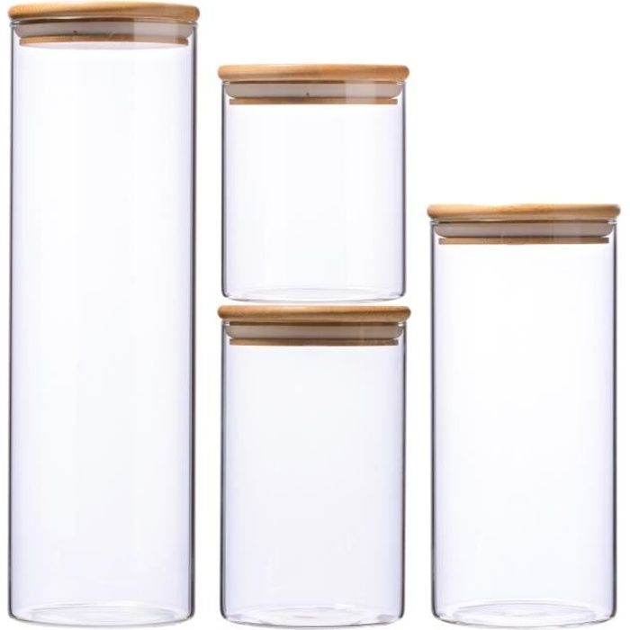 Lot de 4 Bocaux Pots de Rangement Alimentaire Conservation en Verre Borosilicate avec Couvercle Hermétique