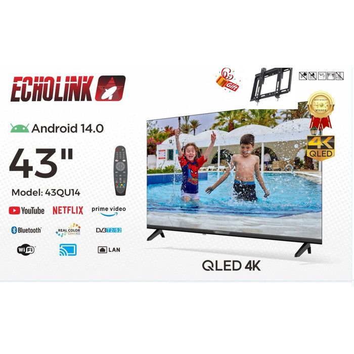43 smart tv QLED 4K Android 14, Wi-Fi, Bluetooth, DVB-T2/S2 + Support