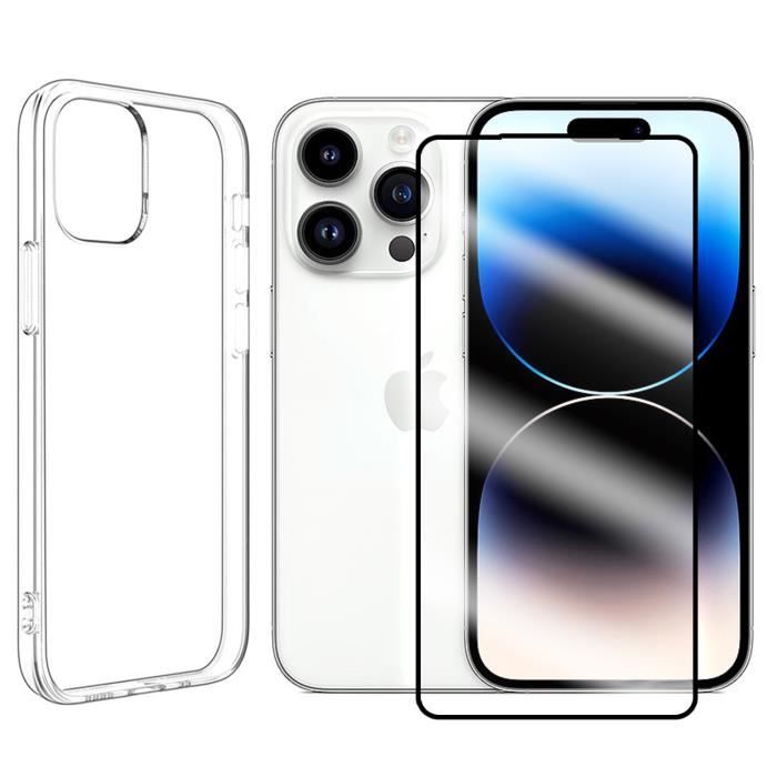 Coque souple silicone de protection transparent + Verre trempé avec bords Noir pour iPhone 14 Pro 6.1" - Yuan Yuan