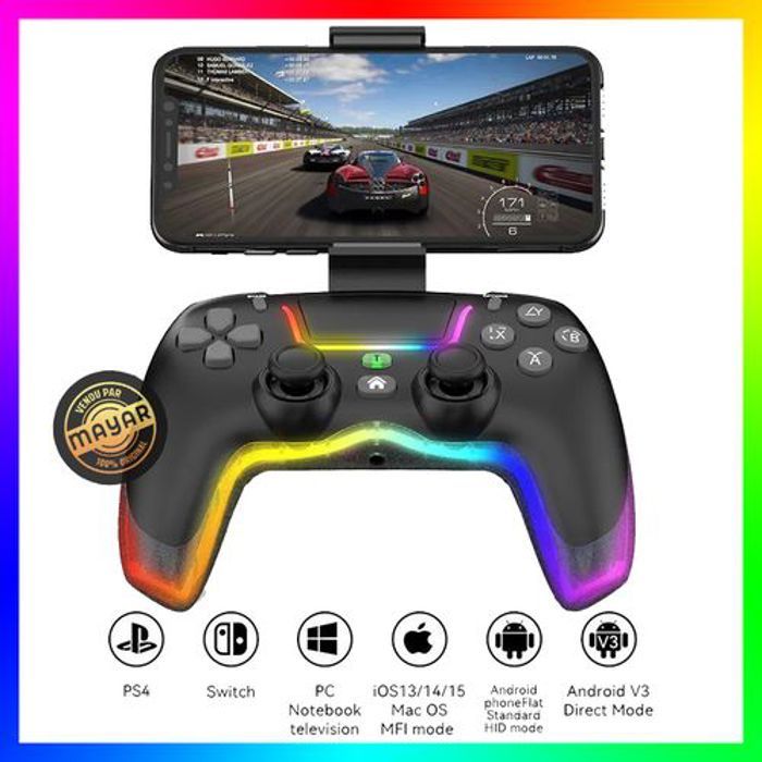Manette sans fil RGB avec joystick, double vibration Turbo Boost pour PS4, Android, Switch, PC, Tél