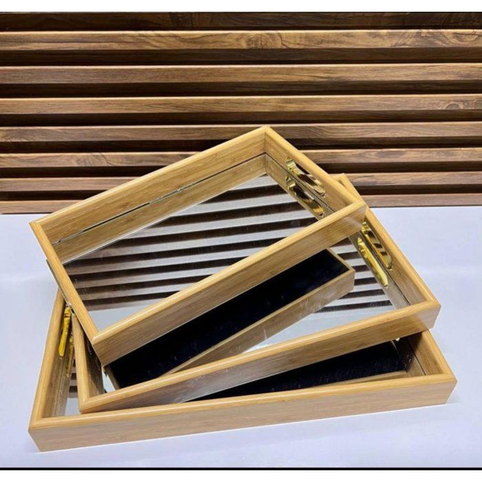 Plateaux en bambou - AYA HOME - Ensemble de 3 - Détails dorés - Rectangulaires - Pratiques