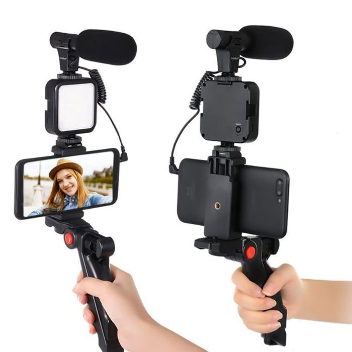 Kit de trépied vlog pour réalisation vidéo ay-49 avec microphone & lumière pour diffusion en direct