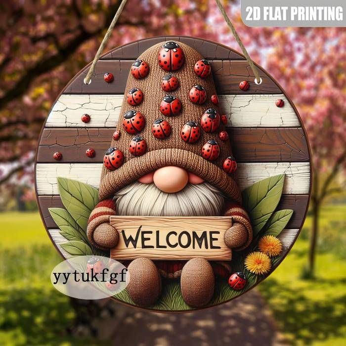 Plaque de Bienvenue Nain Coccinelle Plate en Bois Rétro 2D - Décoration Murale Rustique avec Coccinelles Rouges et Noires, 20.32x20.