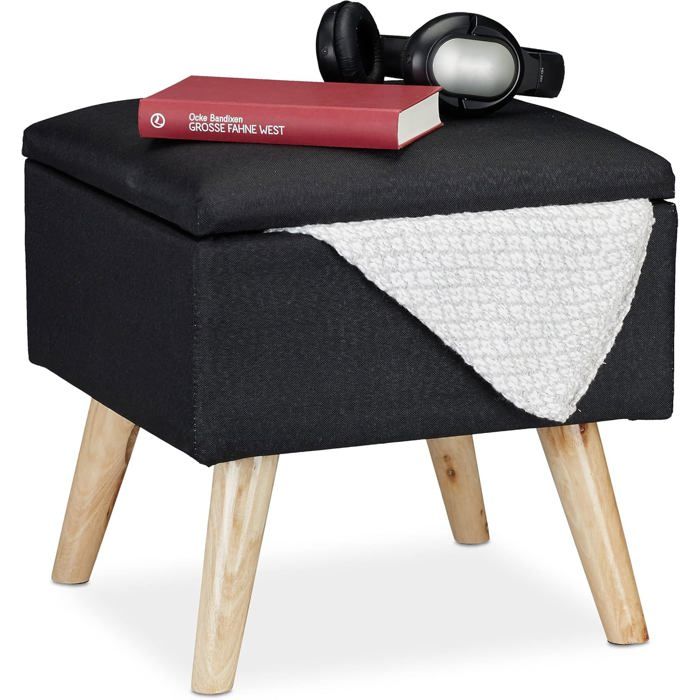 Tabouret de Rangement, matelassé, carré, Pieds en Bois 40 cm noir