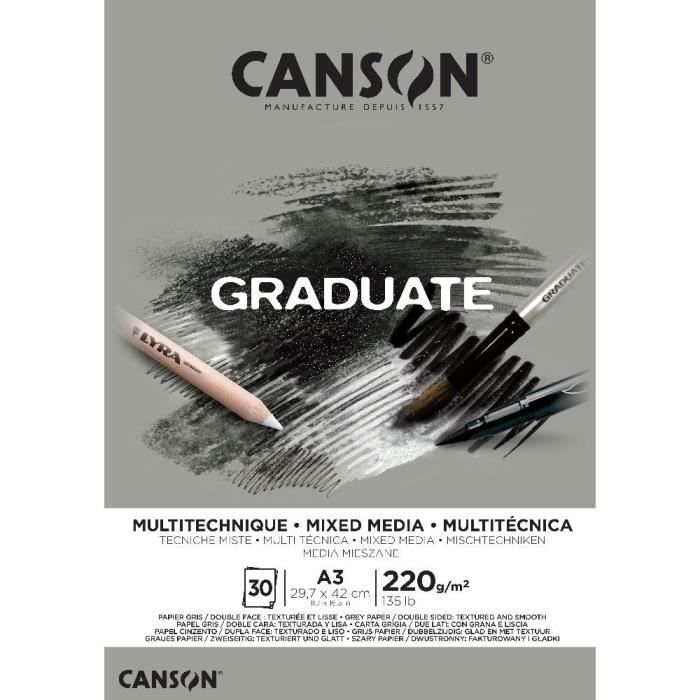 Bloc de papier - CANSON - Graduate Mixed Media - 30 feuilles - A3 - Gris double face
