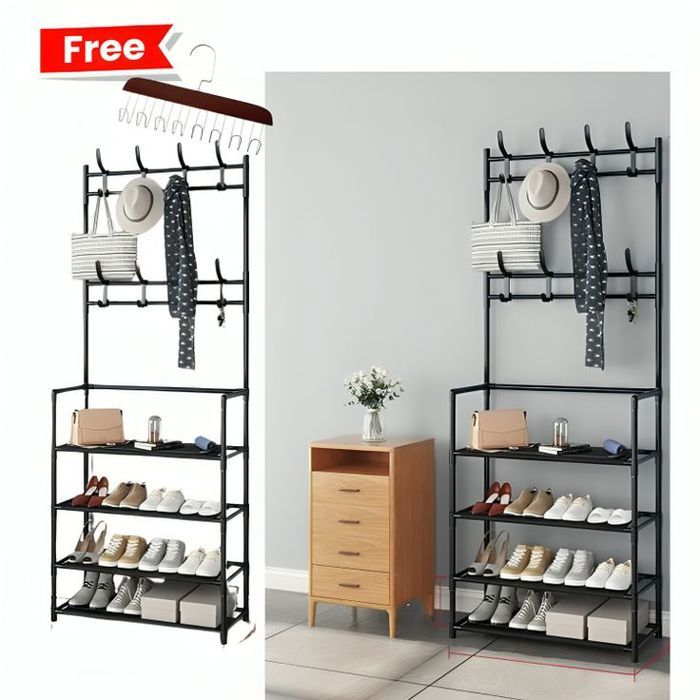 Porte-Manteau en Fer à 4 Niveaux avec Cintre Polyvalent et Organisateur de Chaussures + Cintre en bois Gratuit