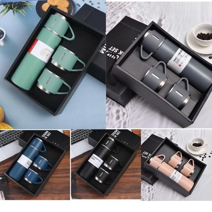 Thermos avec 3 tasses en inox, idéal pour boissons chaudes et froides (couleur aléatoire)
