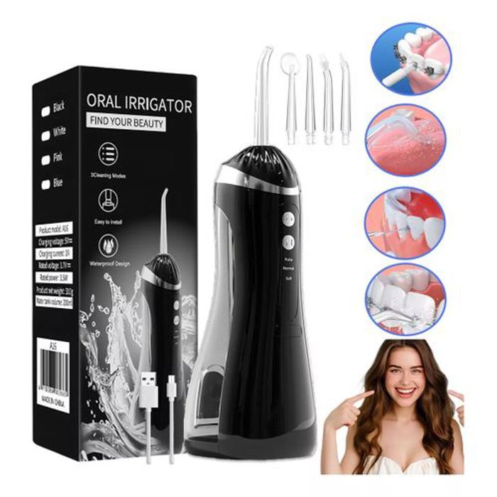 Irrigateur buccal - Hydropulseur Oral - 200 ml - Sans fil - 4 embouts - 3 modes d'utilisation