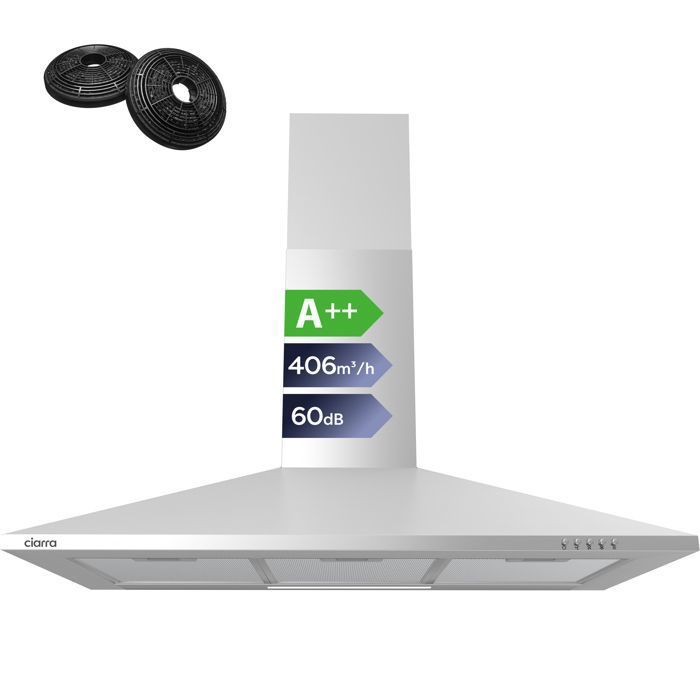 CIARRA Väggmonterad Fläkt 90cm A++ 406m³/h 3 Hastigheter Utsug & Återvinning med 2st Kolfilter Rostfritt Stål - CBCS9201