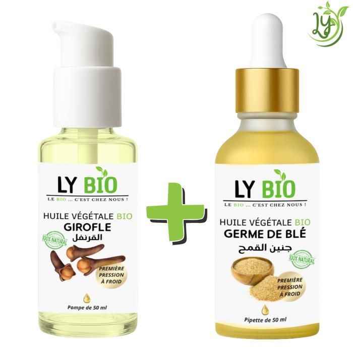 Pack d'huiles - LYBIO - Huile Girofle 50ml - Pompe - Huile Germe de Blé 50ml - Pipette