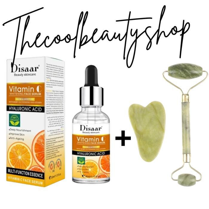 Kit soins du visage à la vitamine C, sérum Anti-rides et Anti-âge + Jade Rouleau et gua shua pour massage visage