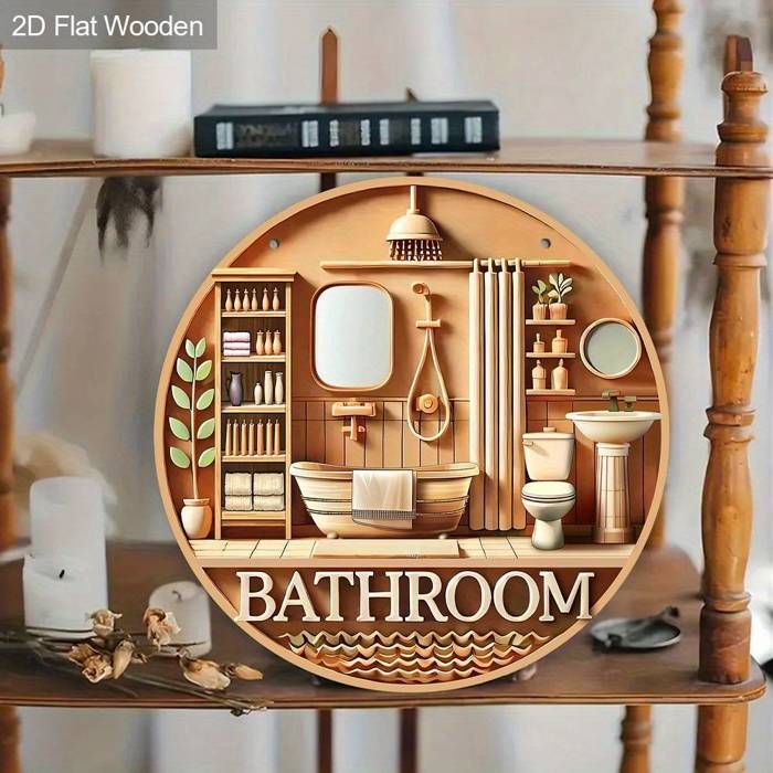 Plaque Murale de Cuisine Rustique Plate en 2D, 1 pièce - Panneau Rond en Bois Artificiel de 20.32x20.32 cm avec Motif d'Ustensiles d