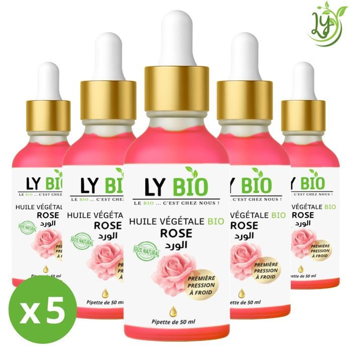 Huile Végétale - LYBIO - Rose - 50ml - Lot de 5 bouteilles - Hydratant pour tous types de cheveux