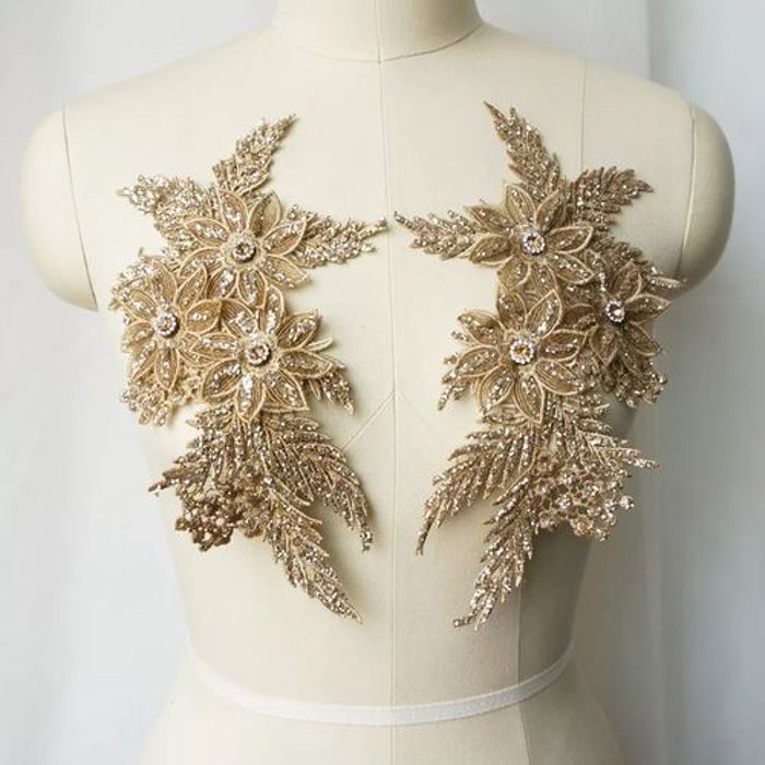2 pièces strass paillettes brodées dentelle Applique couture fleur tissu patch pour robe de mariée