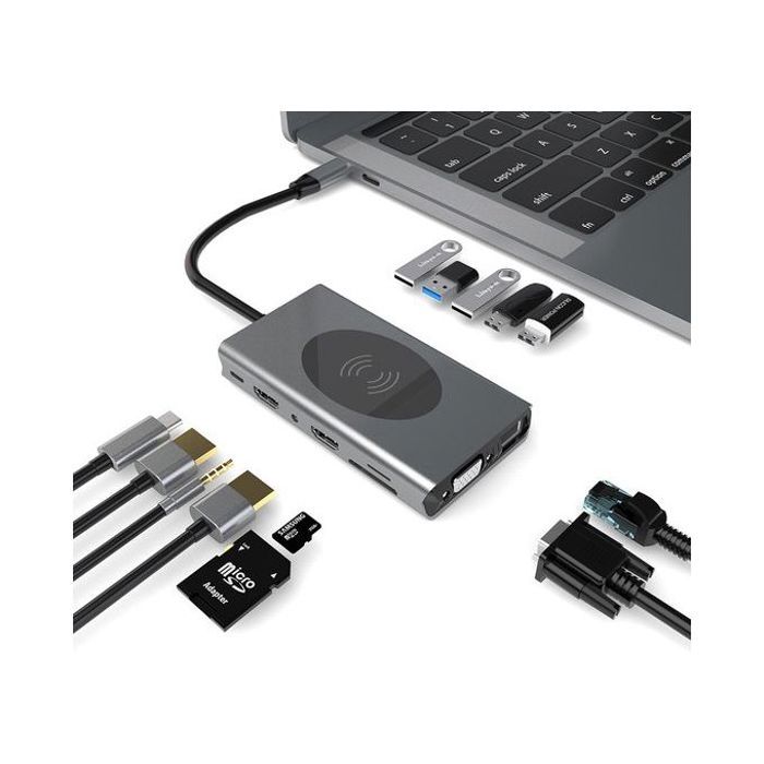 Adaptateur Type C 14 en 1 Multiport VGA HDMI Sans fil Carte Mémoire Réseau LAN