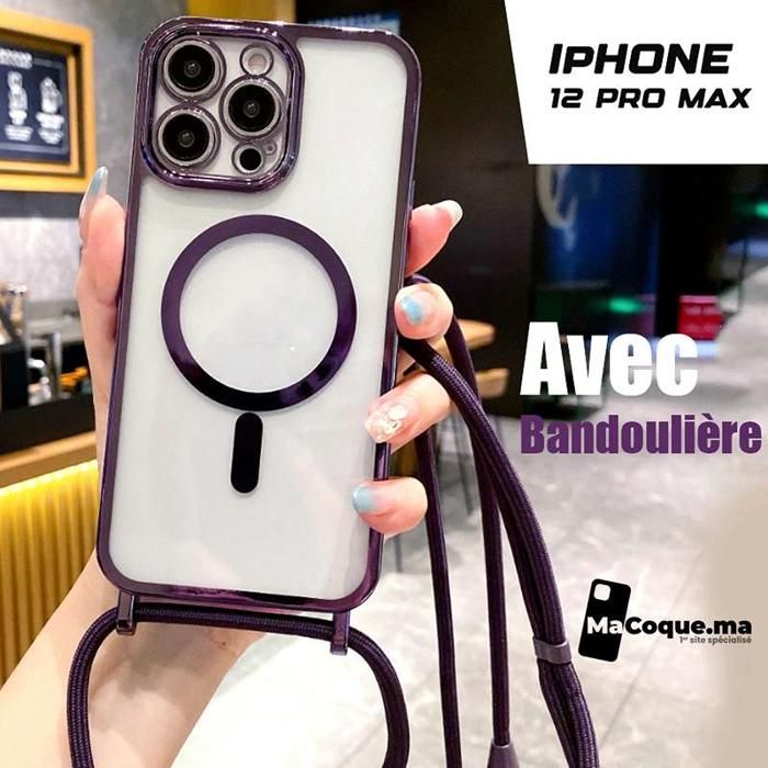 Mauve Pochette iPhone 12 Pro Max avec Bandoulière, Protection de camera en Silicone