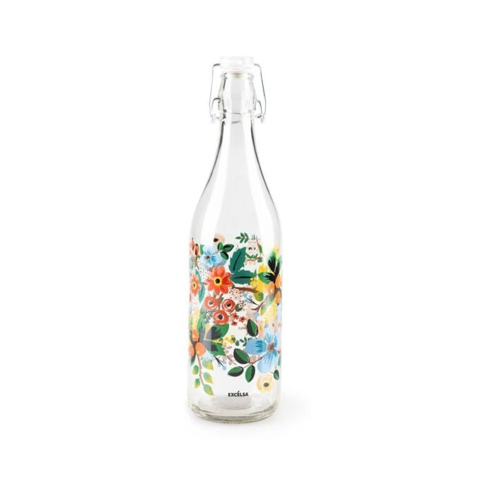 Bouteille en Verre - Fiori Frida - 1 L - Design Floral - Pratique - Pour Adultes