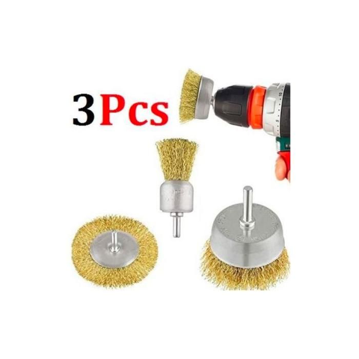 Jeu de 3 Brosses Métalliques - Enlever la Rouille - Brosses de Forage - Jaune