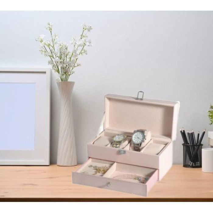 Boîte de rangement pour montres en cuir PU pour hommes et femmes, présentoir à bijoux, 2 niveaux, 4 emplacements, Rose