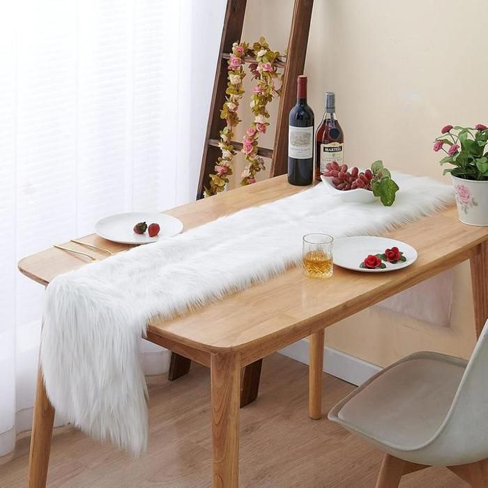 Chemin de table - Luxe - Imitation fourrure - Blanc - 160 x 40 cm - Décoration Noël