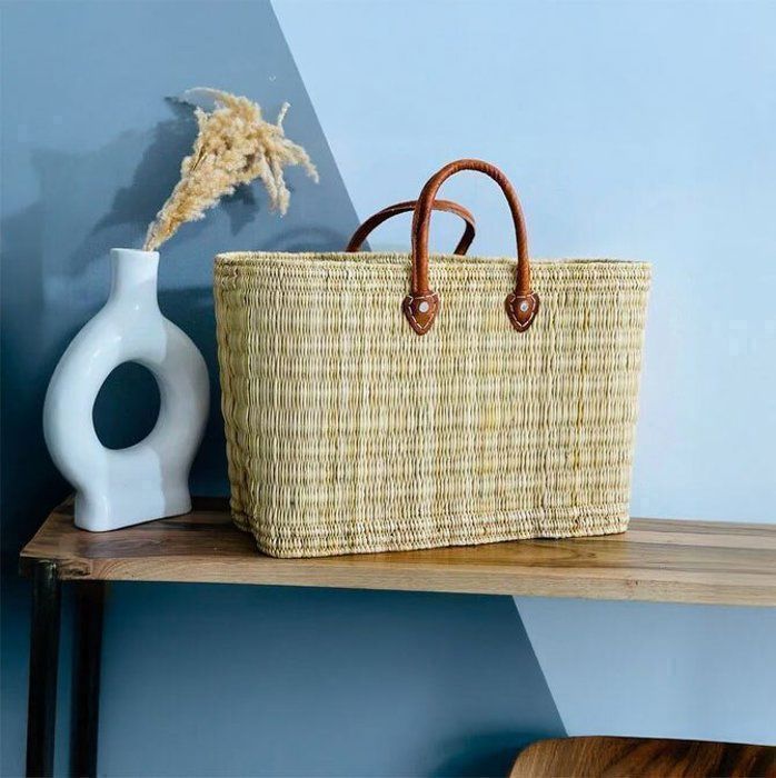 Sac - MARQUE - Panier marocain - Paille - Anse en cuir - 30 cm x 50 cm