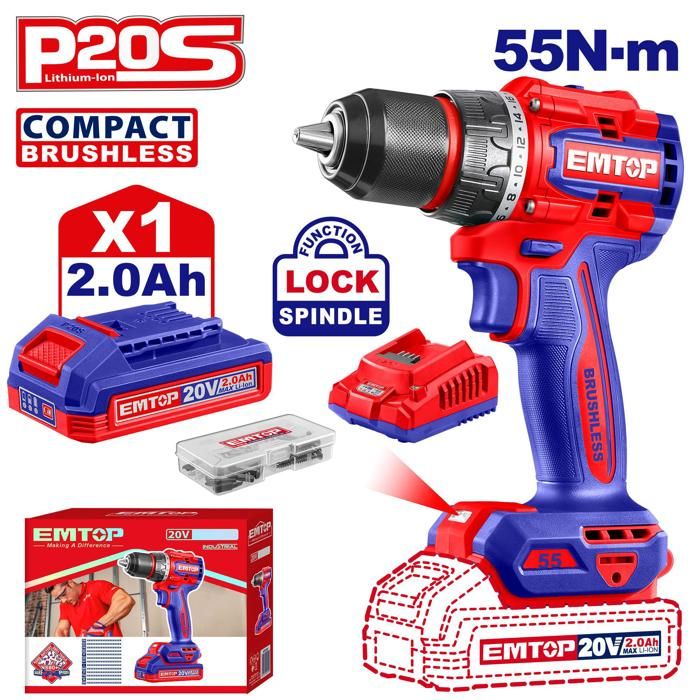 Perceuse-visseuse sans fil 20V  55Nm + Batterie 2.0Ah