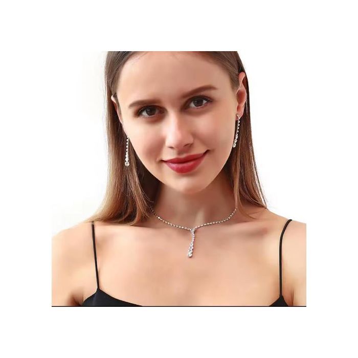 Ensemble de Bijoux en Cristal Plaqué Argent, Boucles d'Oreilles et Collier pour Soirée