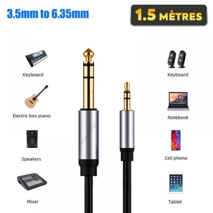 Câble audio JACK stéréo 3,5 mm mâle à 6,5 mm 1.5 Mètres pour casque, guitare, piano, amplificateurs
