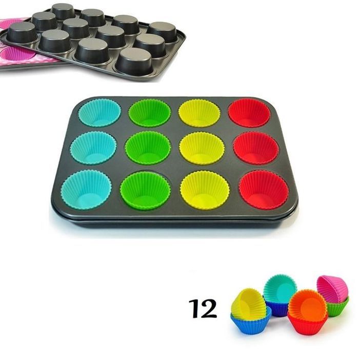Moule à Cupcakes & Muffins 12 Tasses + 12 Tasses de Gâteau en Silicone