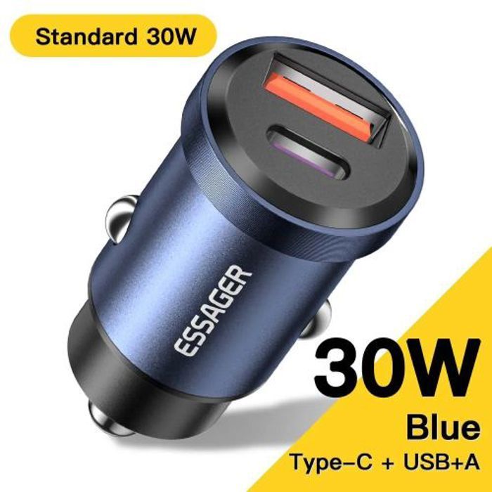 Essager Chargeur de voiture Allume Cigare 30W USB + Type-C, Charge Rapide