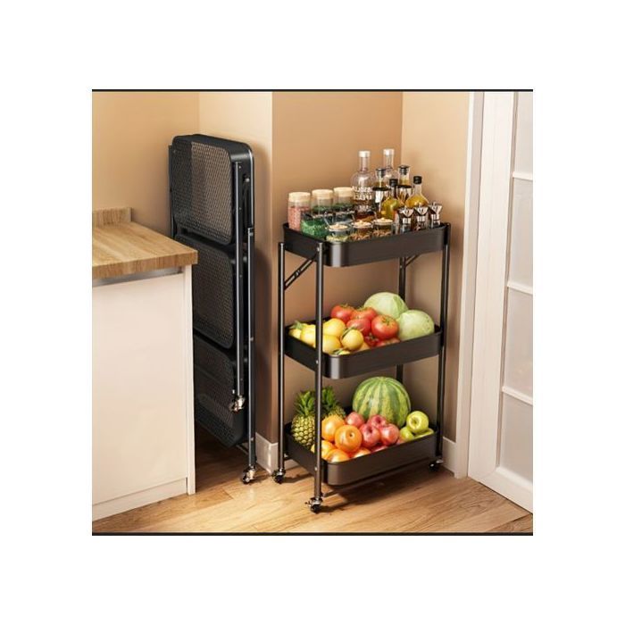 Chariot de rangement pliable - MARQUE - 3 niveaux - Métal - Noir - 60kg de capacité