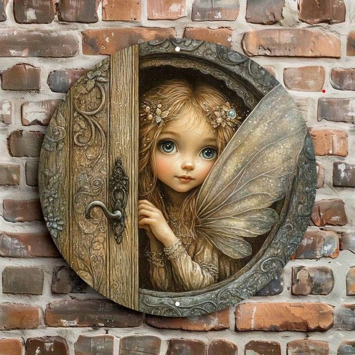 Art Mural de Porte Féerique Magique Imprimé Plat en 2D - Conception Ronde en Bois Enchanteresse avec Yeux et Ailes Vibrants, Parfait