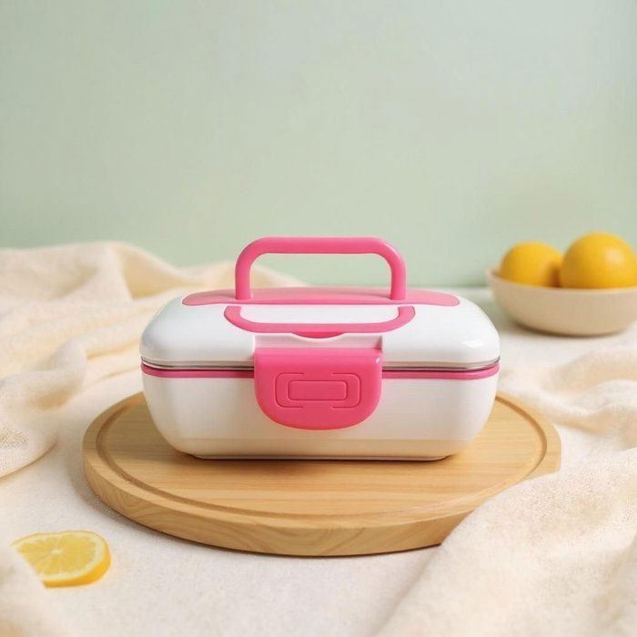 Lunch Box Chauffante Électrique - Inox Amovible - 3 Compartiments - 1,2L -Rose et Blanc