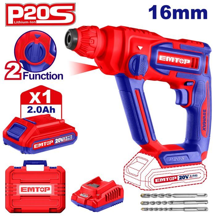 Marteau perforateur sans fil EMTOP 20V Lithium-ion avec 1 chargeur + 1 Batteries 2.0Ah Lithium-ion avec 3 perceuses Rotatif 16 mm 1.