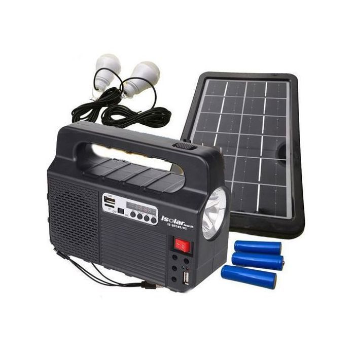 Isolar Kit d'éclairage Solaire avec torche lampe latéral 2 lampes mp3 radio panneau solaire Bluethoot