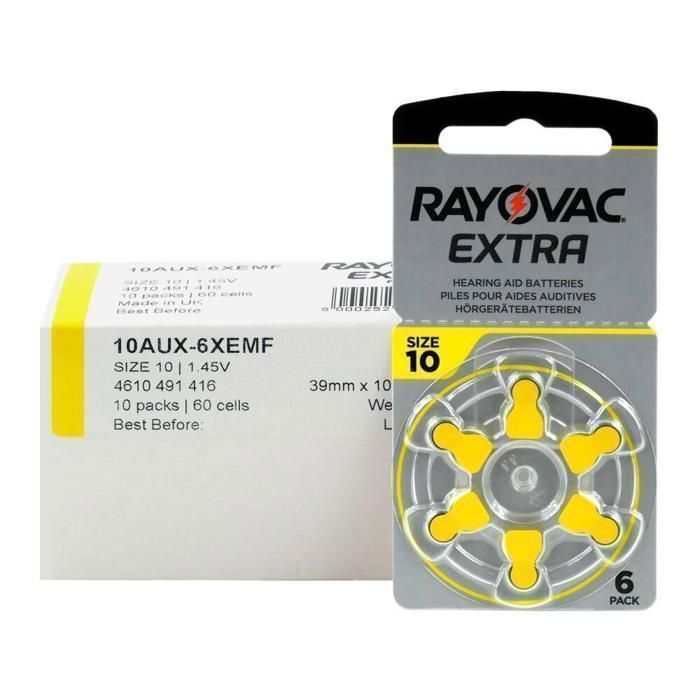 Piles Auditives Rayovac taille 10 | Lot de 10 plaquettes soit 60 piles