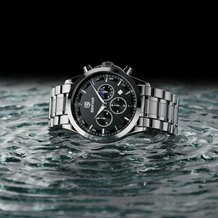 BENYAR BY-5160B Montre Homme Chronographe Étanche en Acier Inoxydable – Argenté & Noir