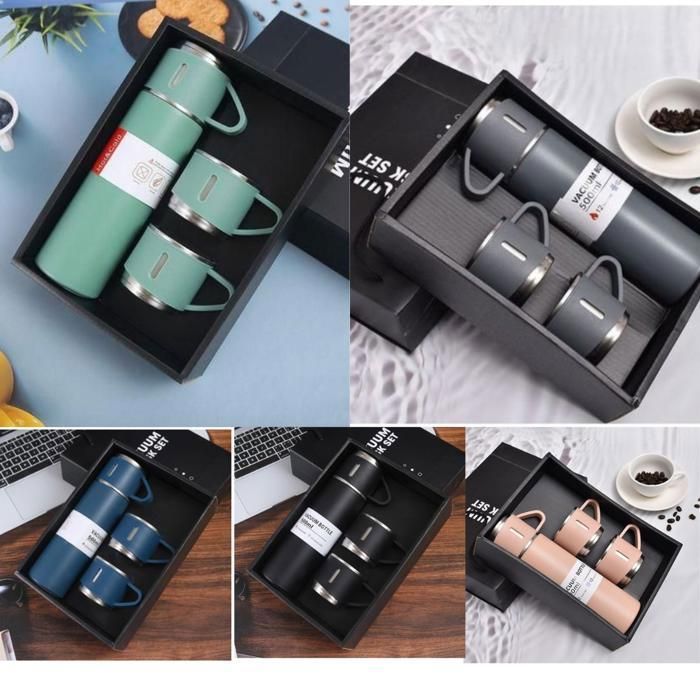Bouteille isotherme avec flacon à vide et trois couvercles, idéale en coffret cadeau  (Couleur aléatoire)