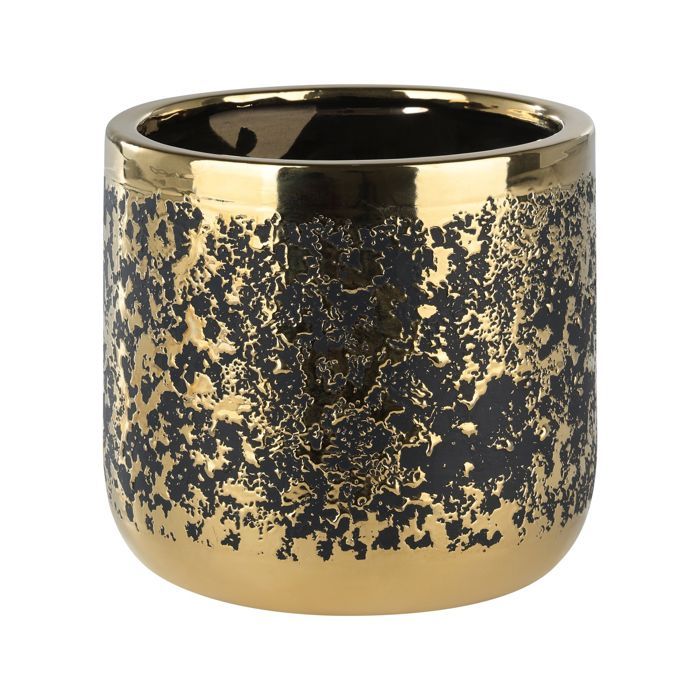 Cache-pot - ARAMBERRI - Modèle rond - Noir et or - Diamètre 17 cm - Hauteur 15 cm