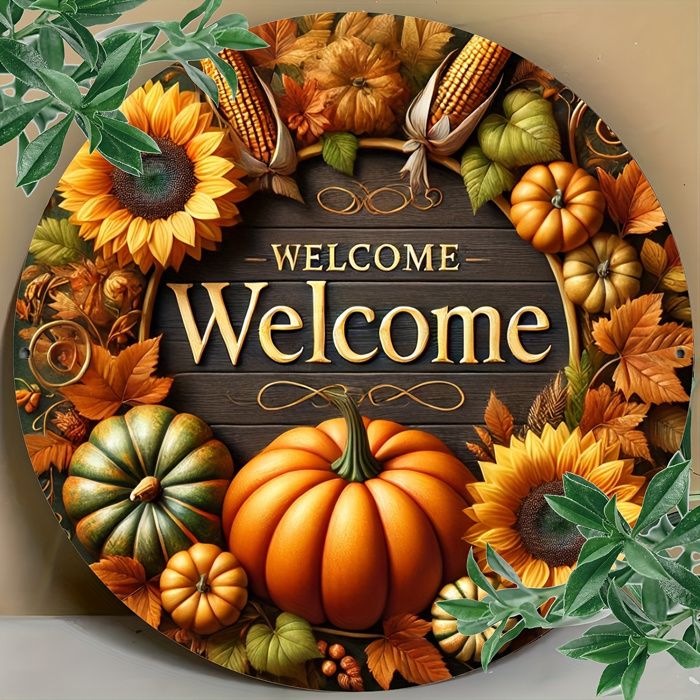 Panneau décoratif - OZAM PARIS - Citrouille & Feuilles d'Automne - 20x20 cm - Étanche - Pré-percé