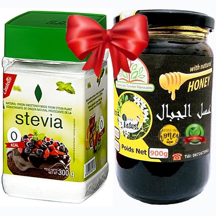 Stevia sans gluten et sans sucre ajouté 300g + Miel de Montagnes 100% Naturel (Antispasmodique, Antiseptique, Tonifiant) 900g